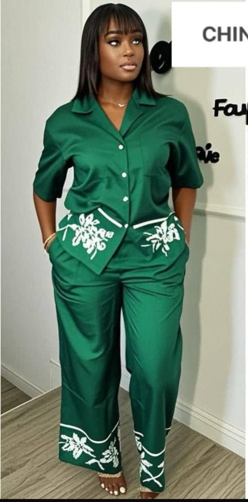 Green Floral Embroidery Two-Piece Set